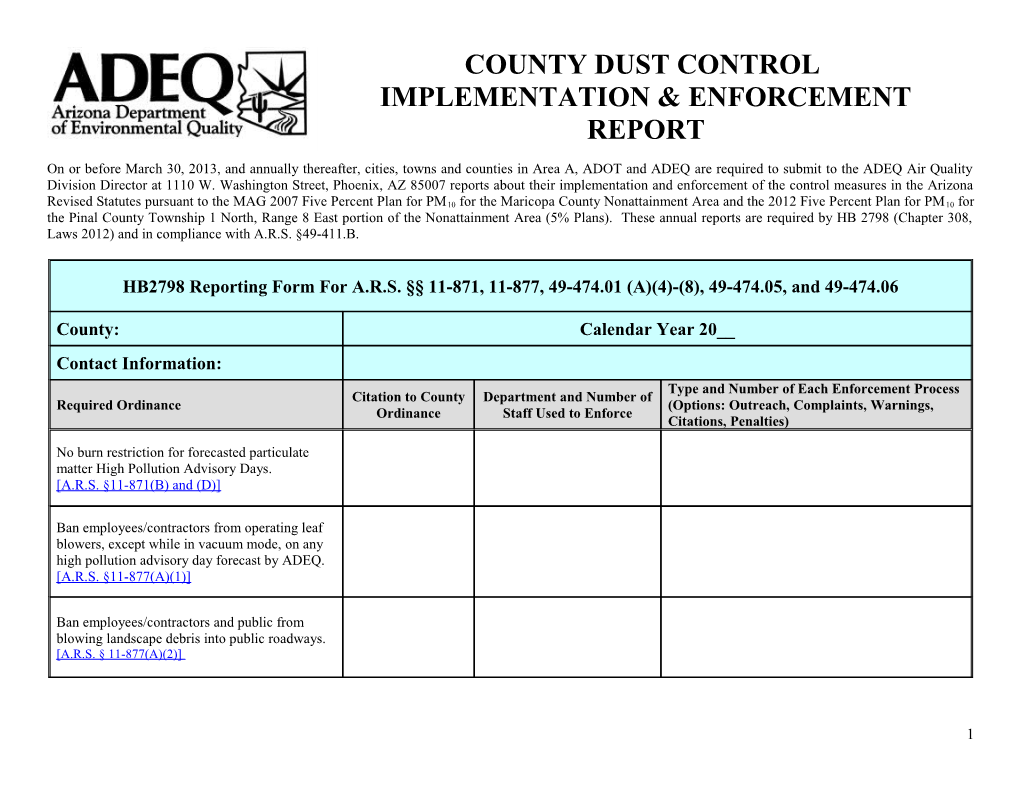 HB2798 Reporting Form for A