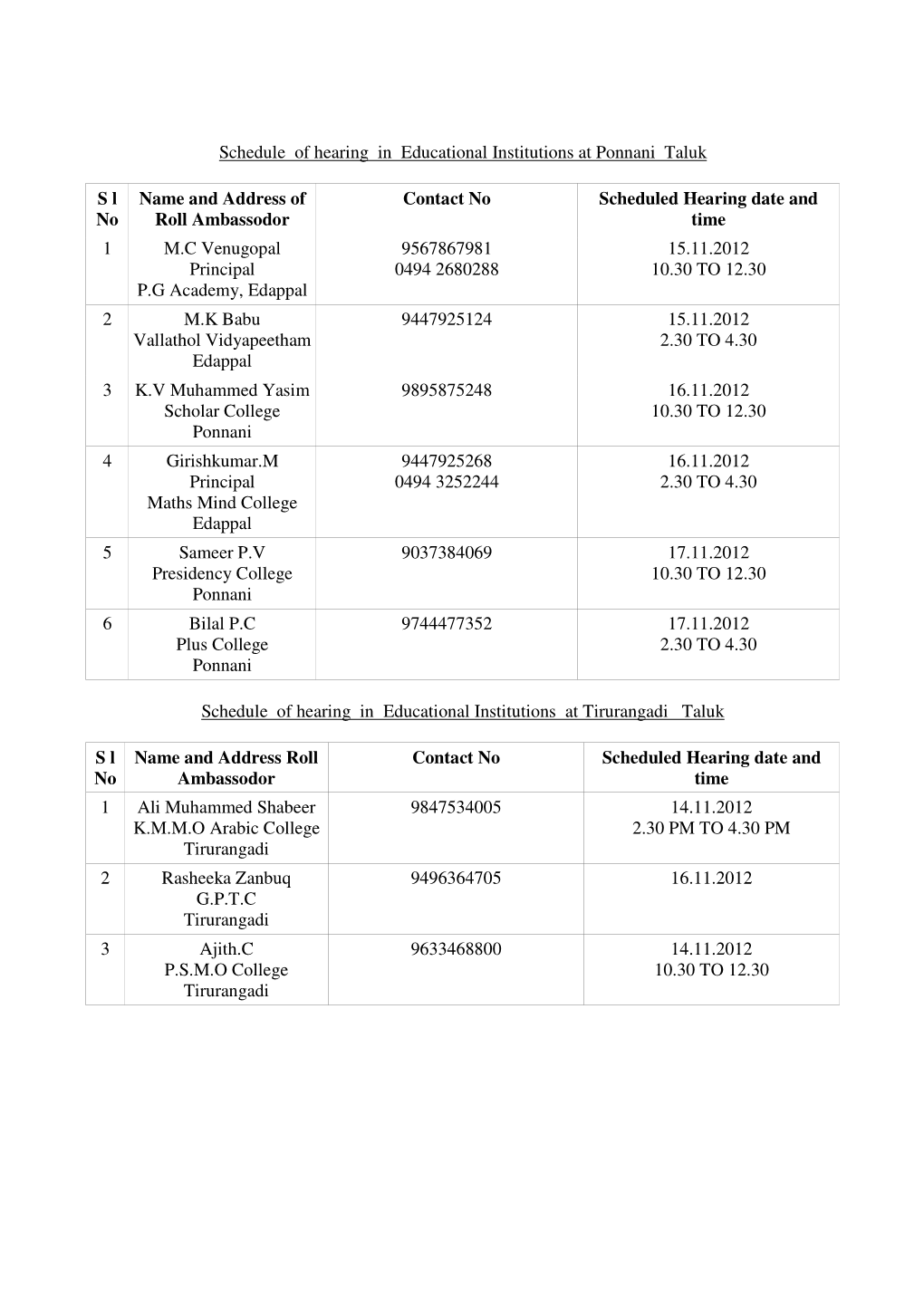 Schedule of Hearing in Educational Institutions at Ponnani Taluk