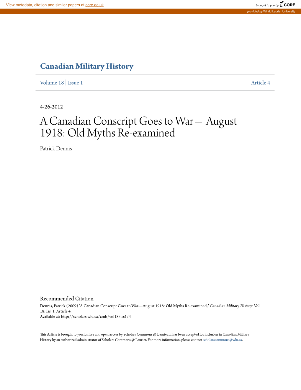 A Canadian Conscript Goes to Warâ•ﬂaugust 1918: Old Myths Re