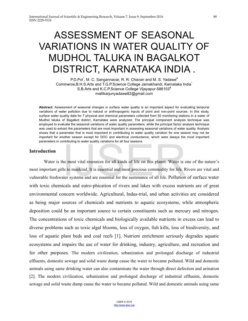 Assessment of Seasonal Variations in Water Quality of Mudhol Taluka in Bagalkot District, Karnataka India