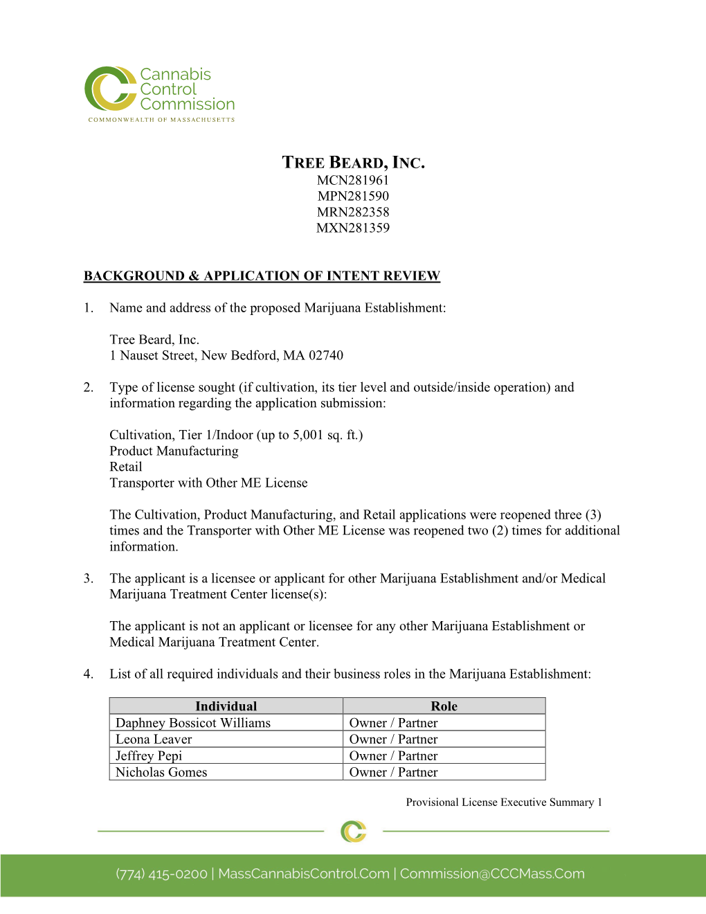 Provisional License – Executive Summary – Tree Beard, Inc