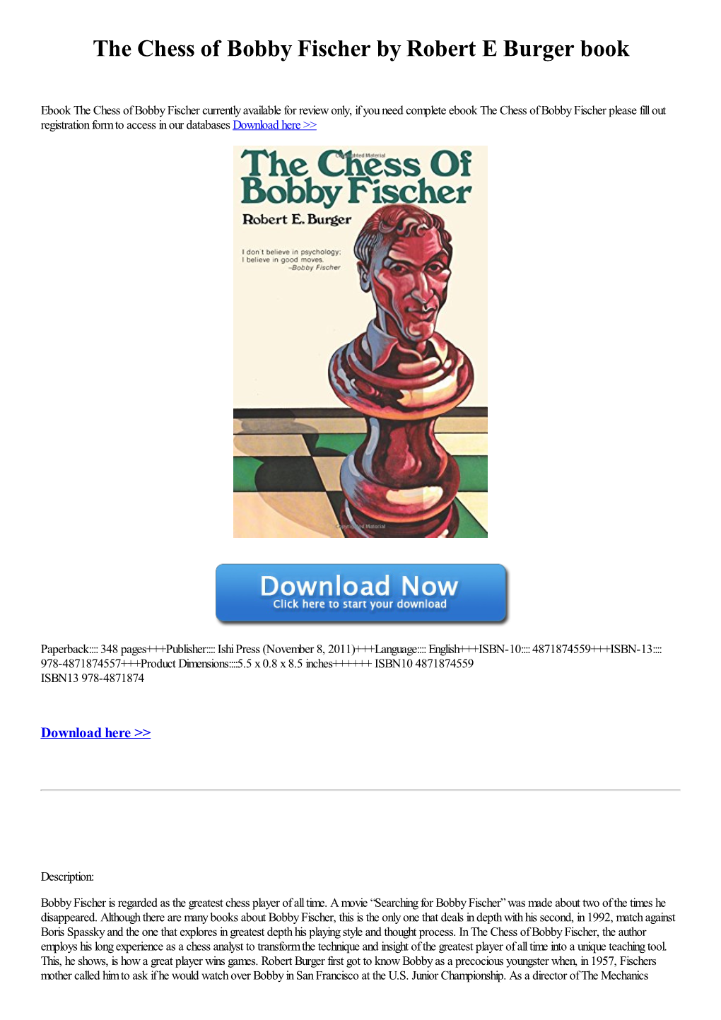 The Chess of Bobby Fischer by Robert E Burger Book