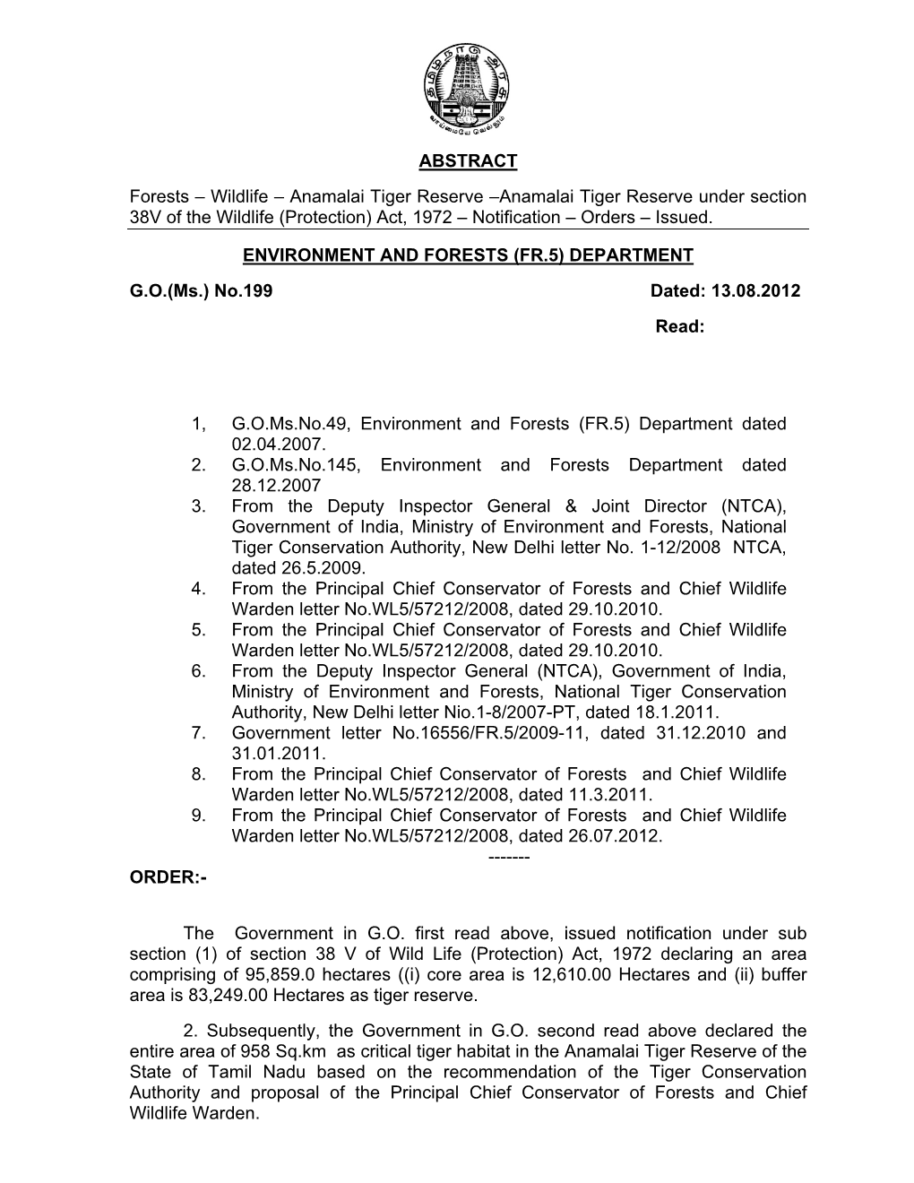 Anamalai Tiger Reserve –Anamalai Tiger Reserve Under Section 38V of the Wildlife (Protection) Act, 1972 – Notification – Orders – Issued