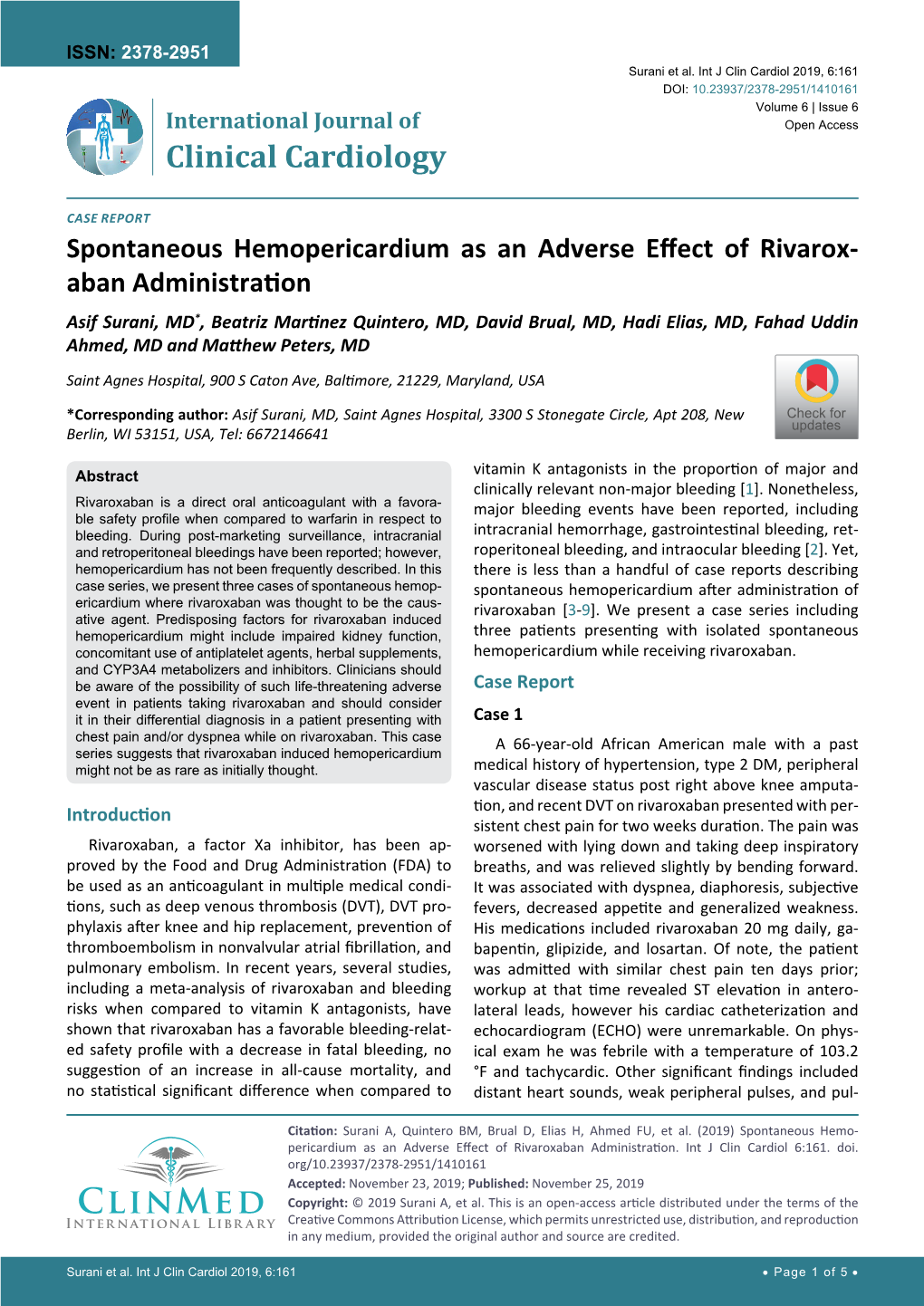 Spontaneous Hemopericardium As an Adverse Effect of Rivaroxaban Administration