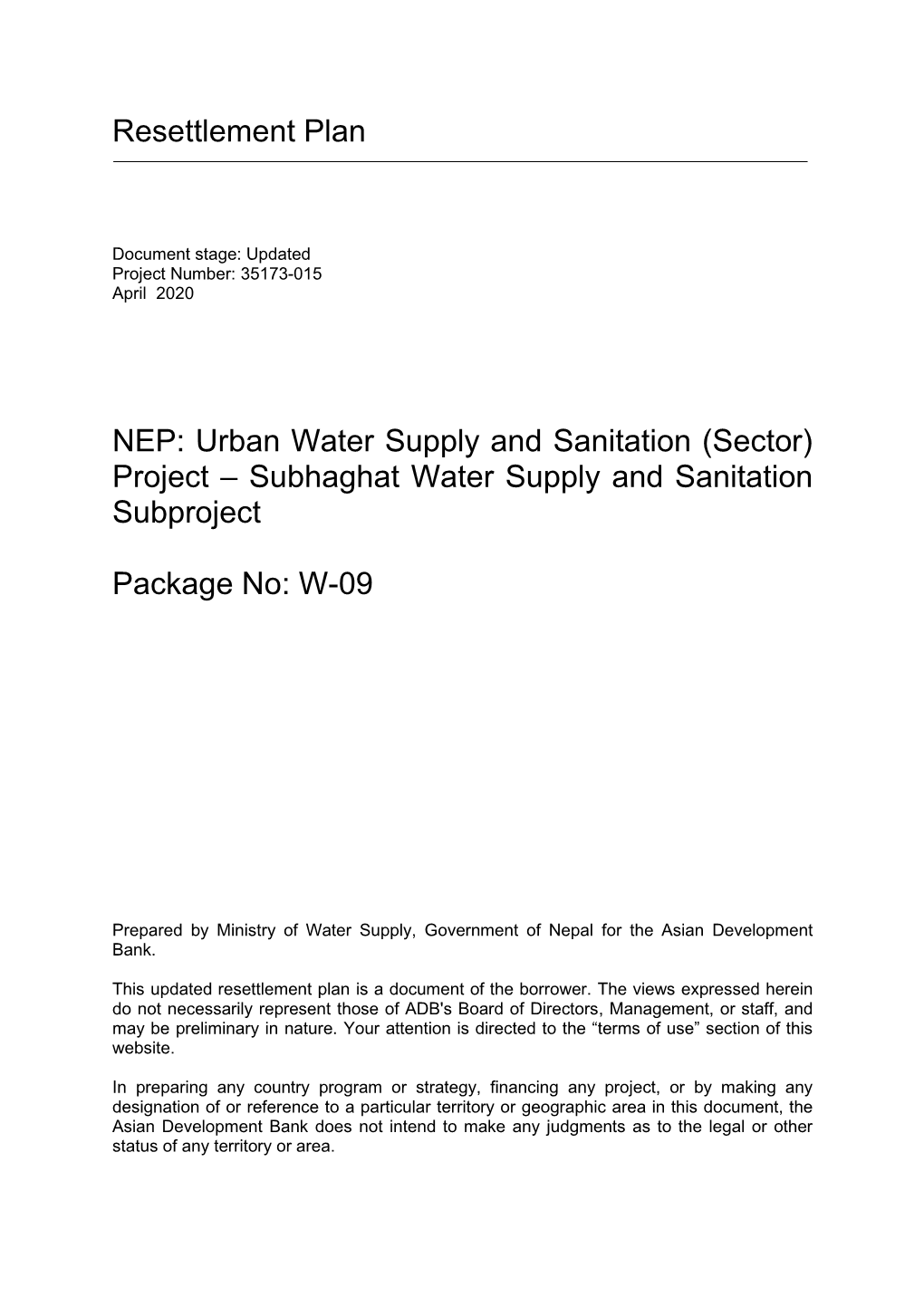 Urban Water Supply and Sanitation (Sector) Project – Subhaghat Water Supply and Sanitation Subproject
