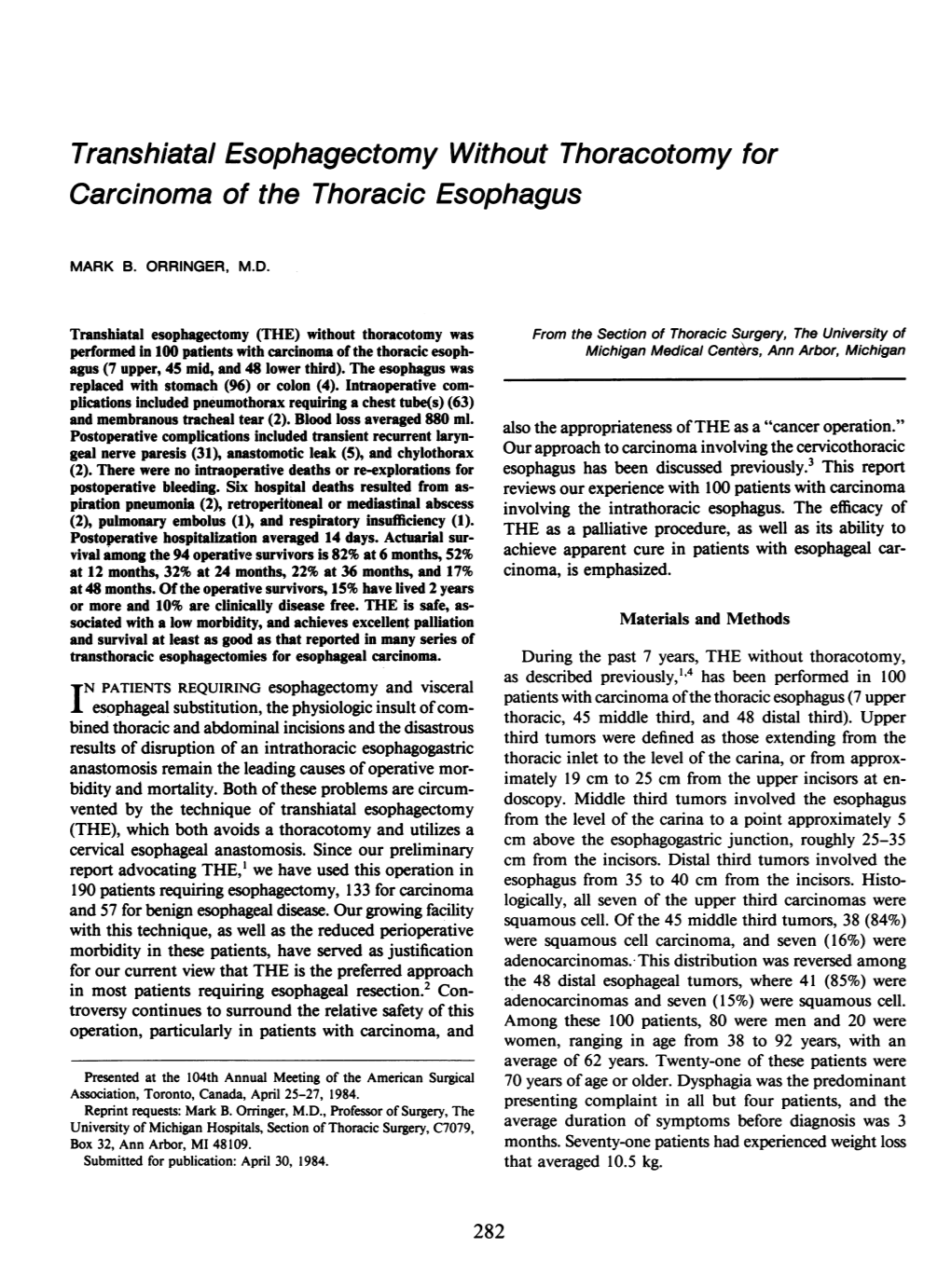 Transhiatal Esophagectomy Without Thoracotomy for Carcinoma of the Thoracic Esophagus