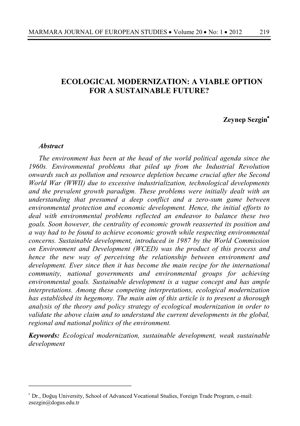 Ecological Modernization: a Viable Option for a Sustainable Future?