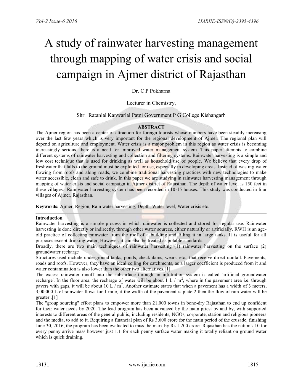 A Study of Rainwater Harvesting Management Through Mapping of Water Crisis and Social Campaign in Ajmer District of Rajasthan