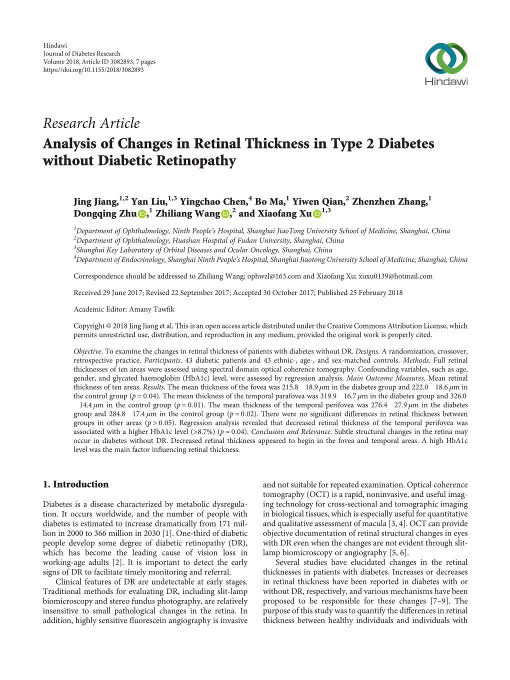 Research Article Analysis of Changes in Retinal Thickness in Type 2 Diabetes Without Diabetic Retinopathy