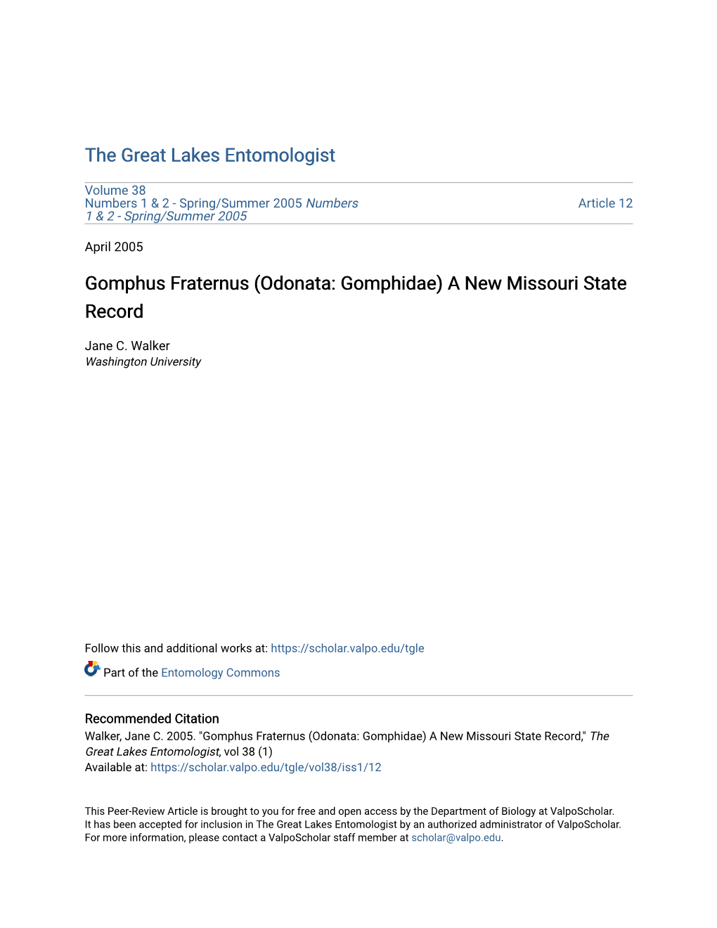 Odonata: Gomphidae) a New Missouri State Record