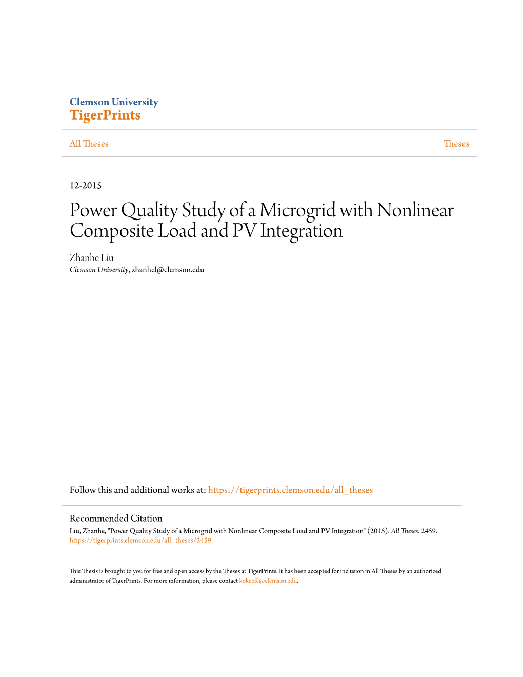 Power Quality Study of a Microgrid with Nonlinear Composite Load and PV Integration Zhanhe Liu Clemson University, Zhanhel@Clemson.Edu