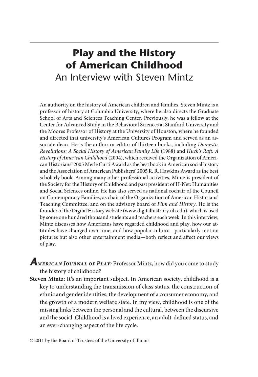 ARTICLE: Play and the History of American Childhood