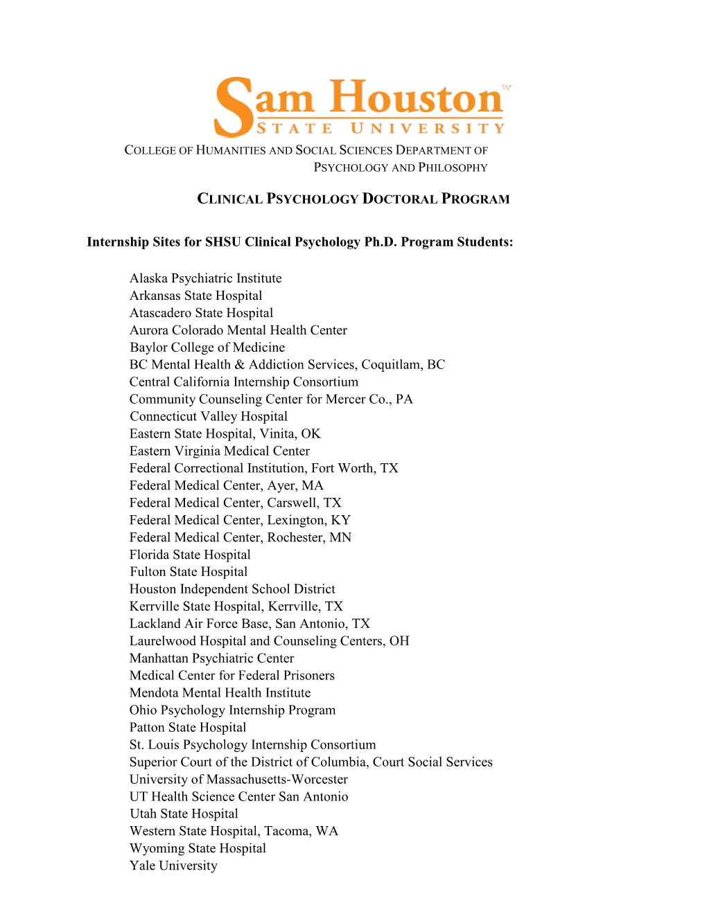 Internship Sites for SHSU Clinical Psychology Ph.D. Program Students