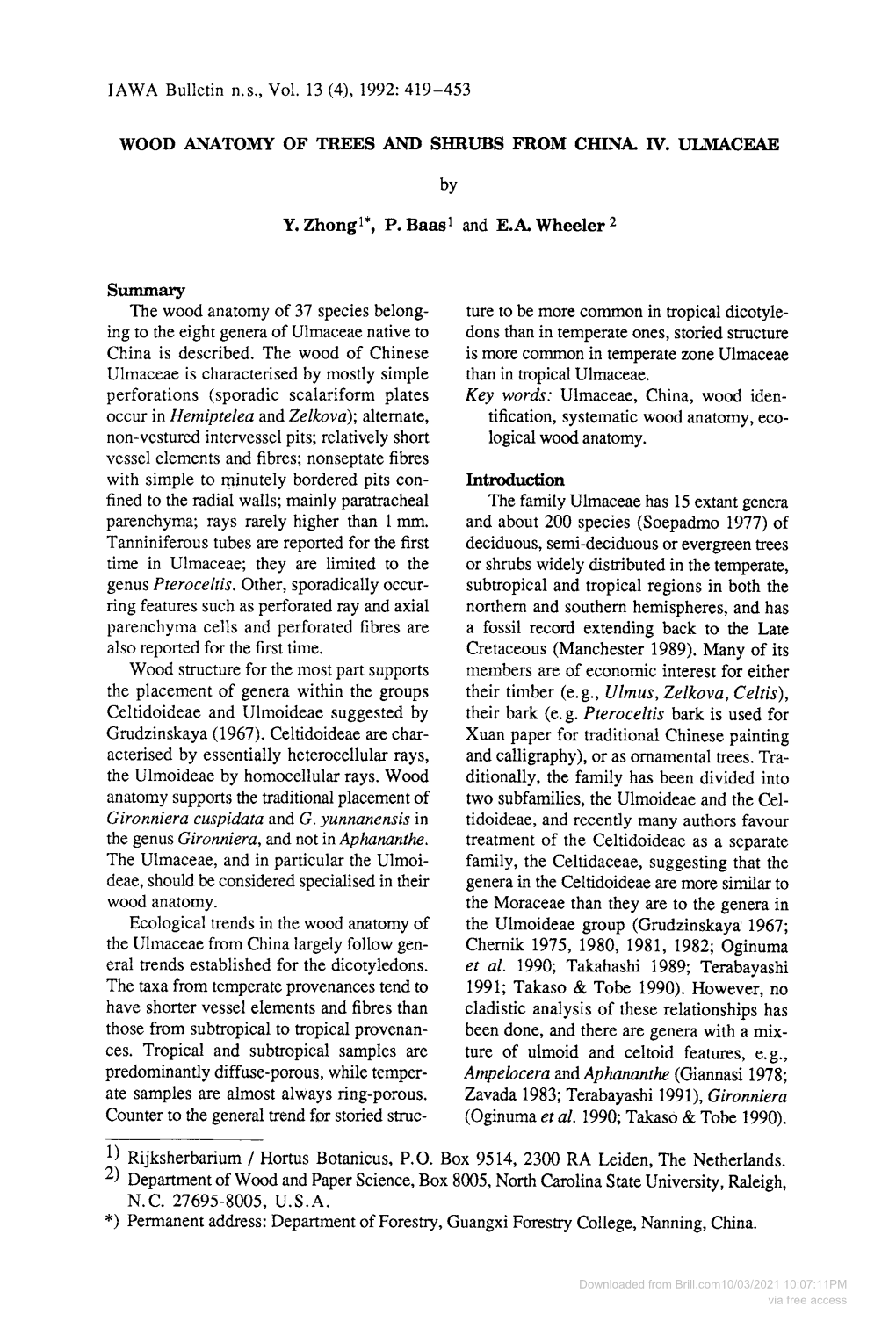 Wood Anatomy of Trees and Shrubs from China. IV. Ulmaceae