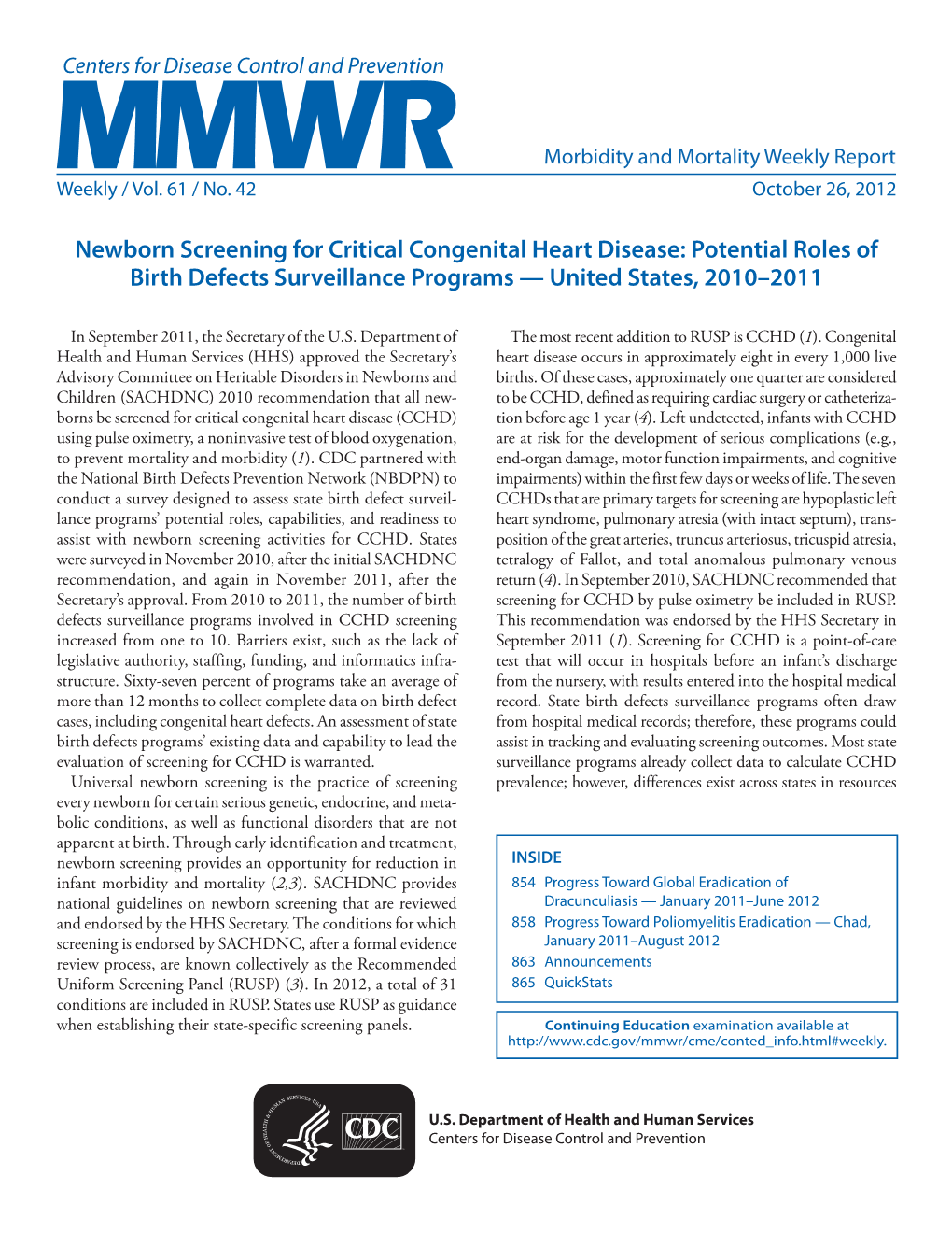 Newborn Screening for Critical Congenital Heart Disease: Potential Roles of Birth Defects Surveillance Programs — United States, 2010–2011