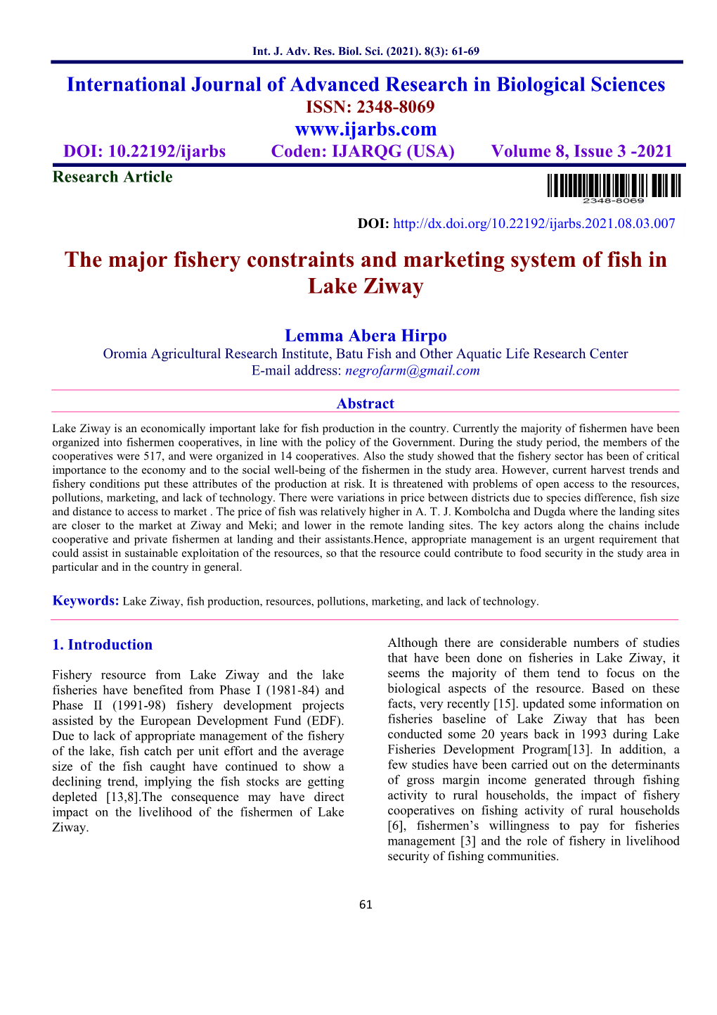 The Major Fishery Constraints and Marketing System of Fish in Lake Ziway