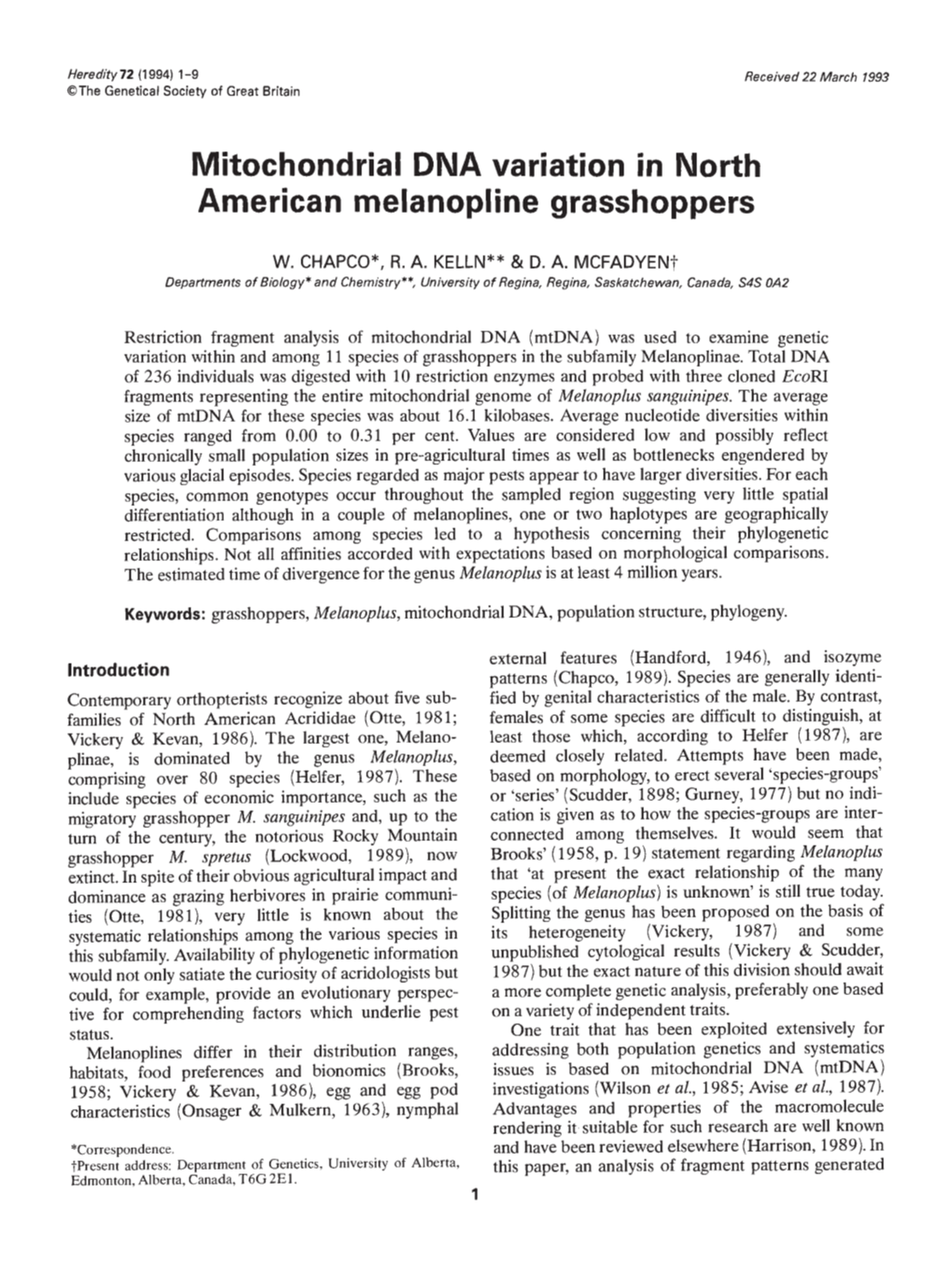 Mitochondrial DNA Variation in North American Melanopline Grasshoppers