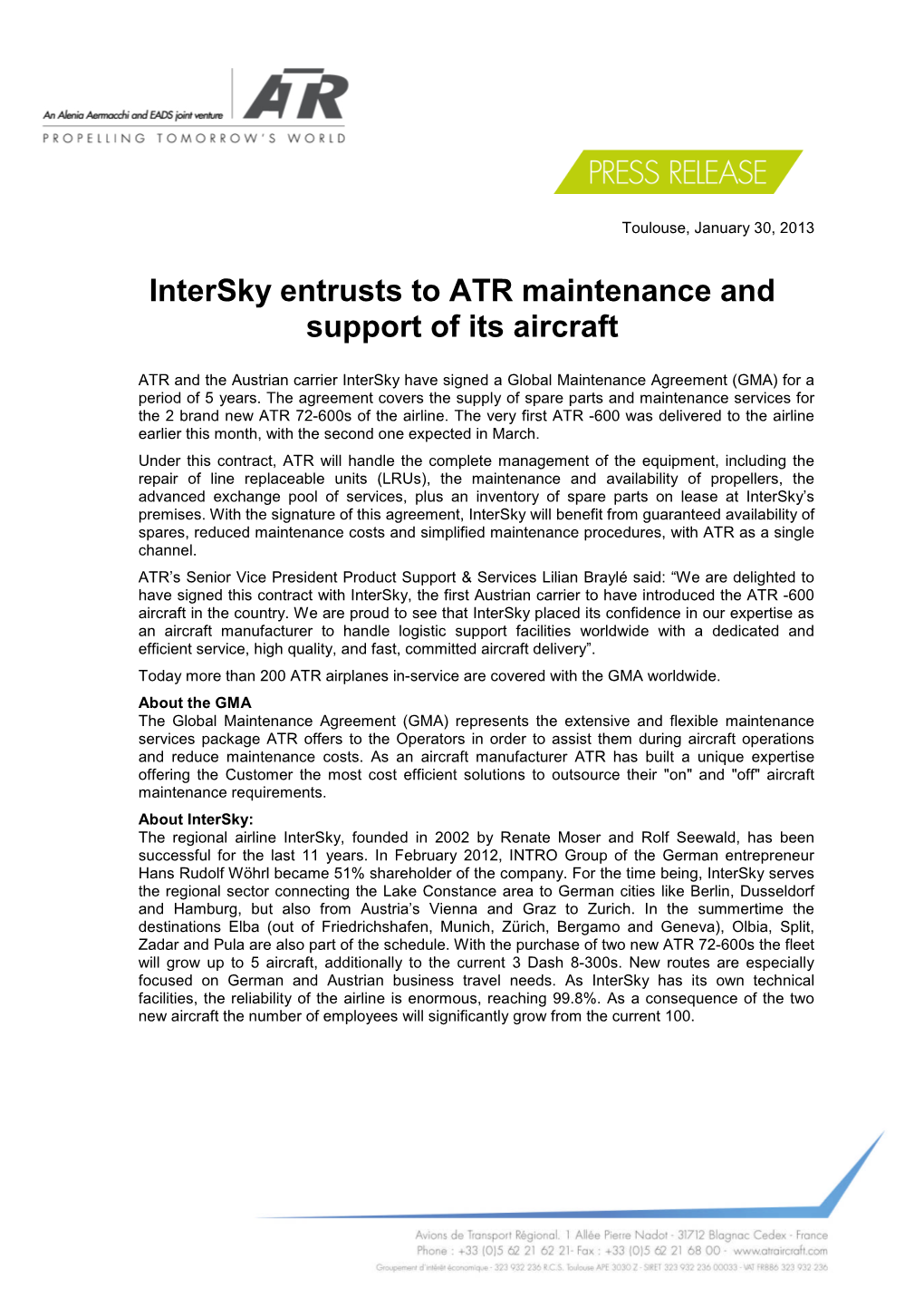 Intersky Entrusts to ATR Maintenance and Support of Its Aircraft