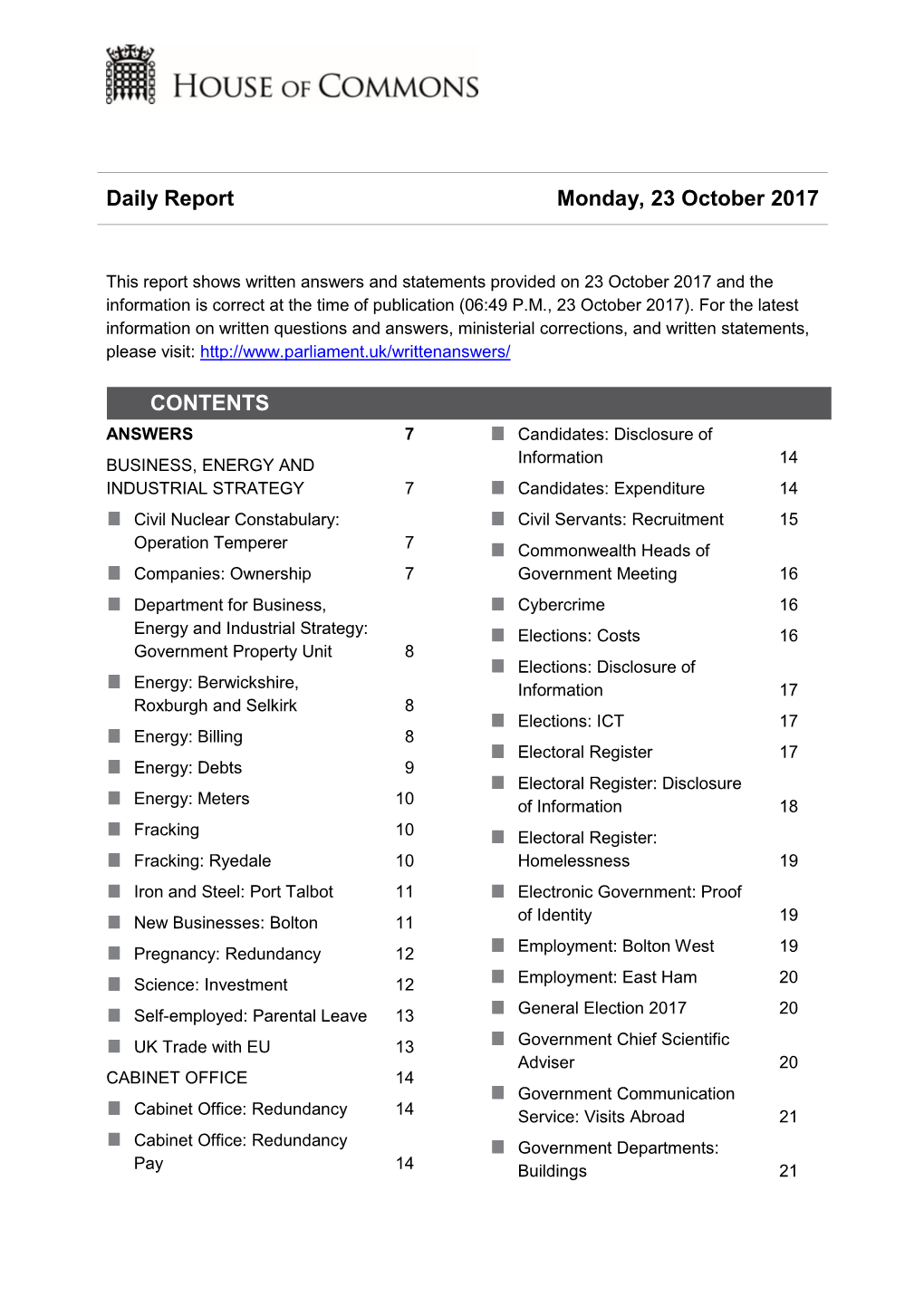 Daily Report Monday, 23 October 2017 CONTENTS