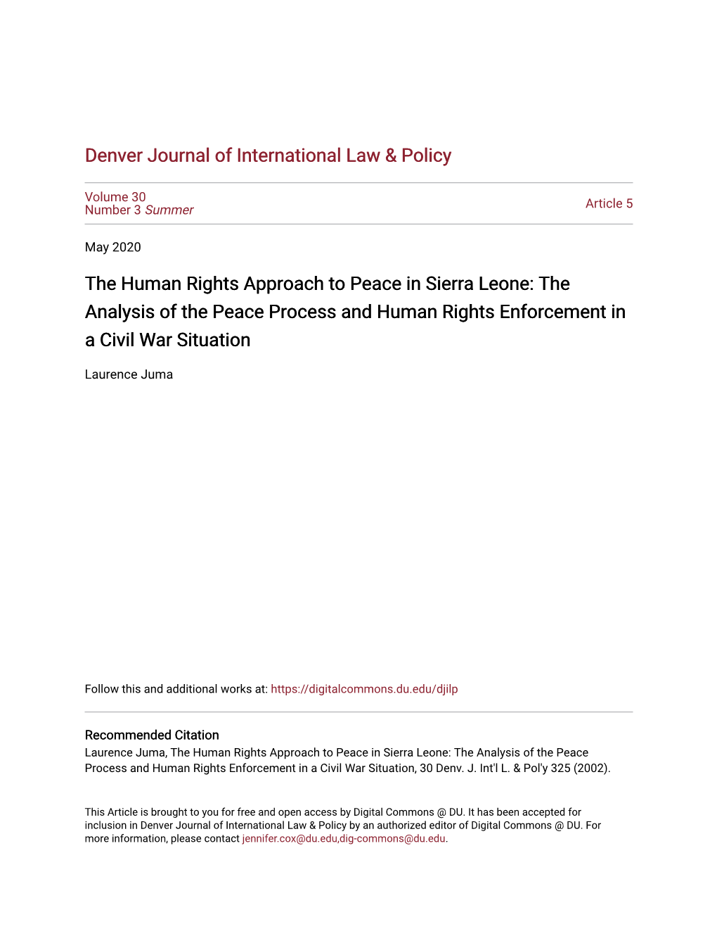 The Human Rights Approach to Peace in Sierra Leone: the Analysis of the Peace Process and Human Rights Enforcement in a Civil War Situation