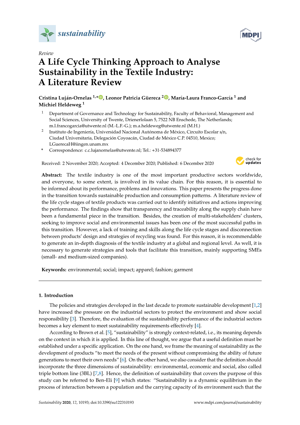 A Life Cycle Thinking Approach to Analyse Sustainability in the Textile Industry: a Literature Review