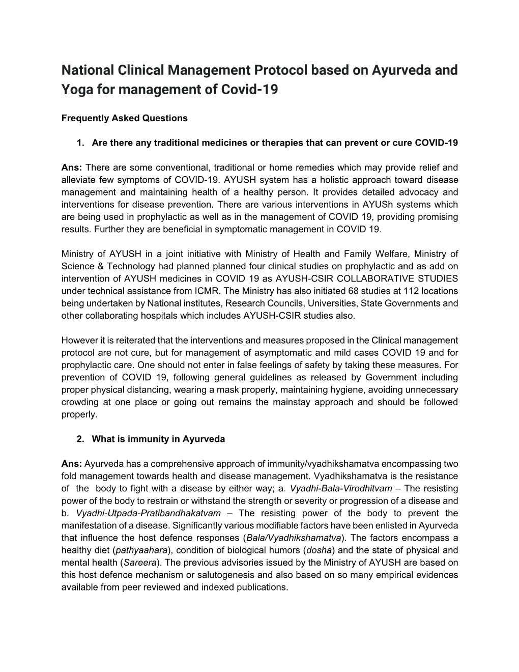 National Clinical Management Protocol Based on Ayurveda and Yoga for Management of Covid-19