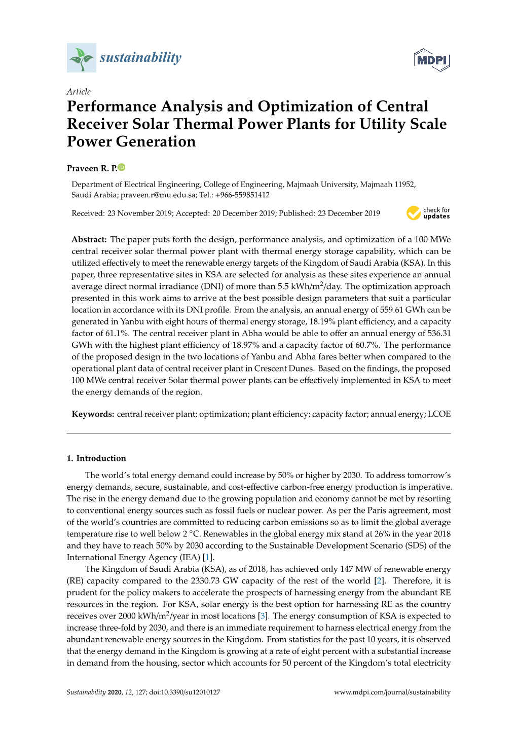 Performance Analysis and Optimization of Central Receiver Solar Thermal Power Plants for Utility Scale Power Generation