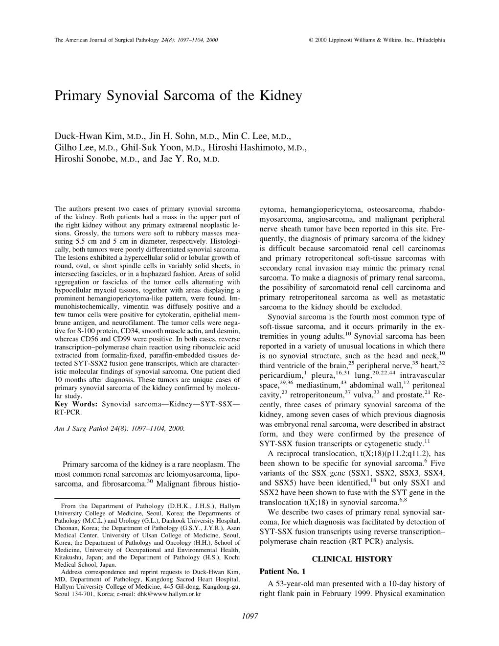 Primary Synovial Sarcoma of the Kidney