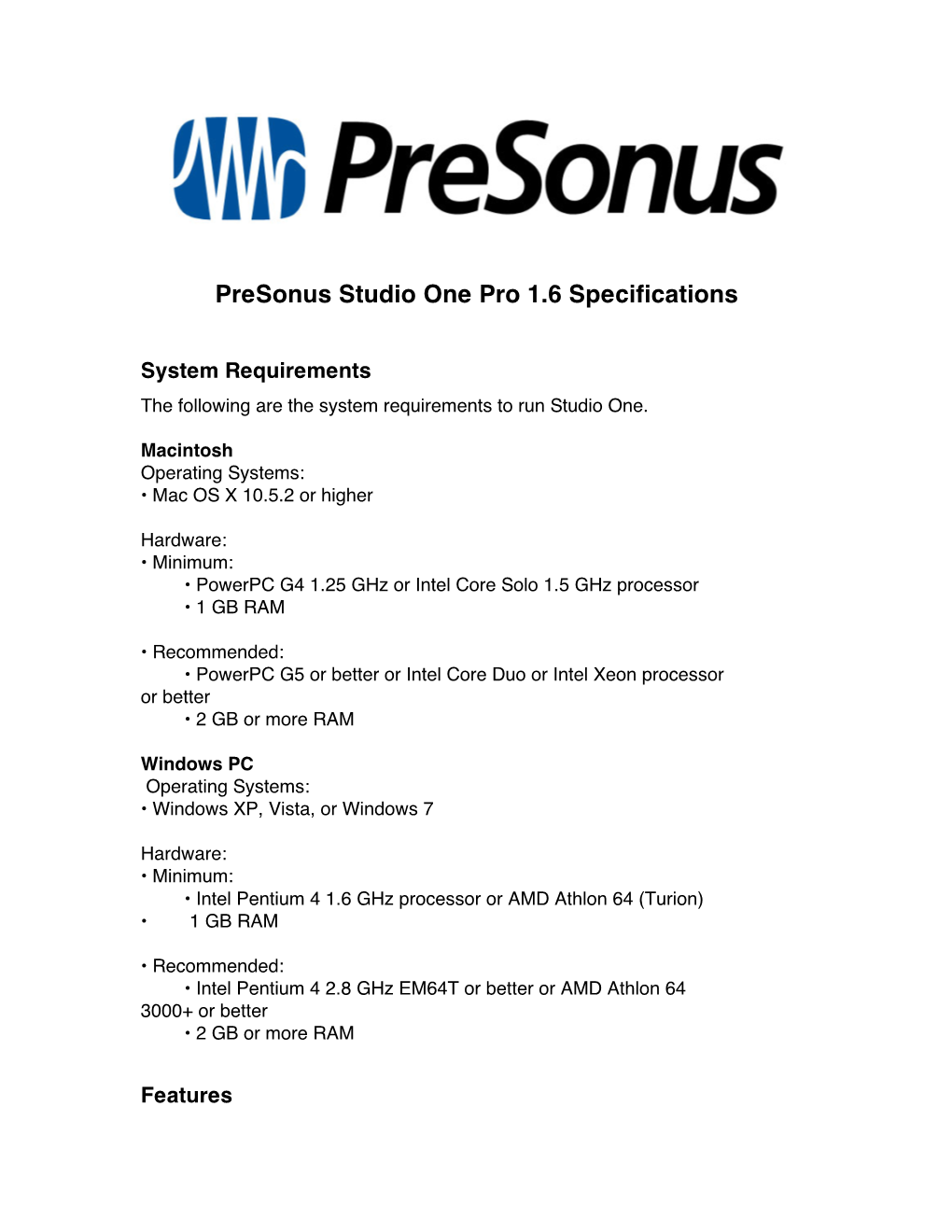 Studio One Pro Specifications