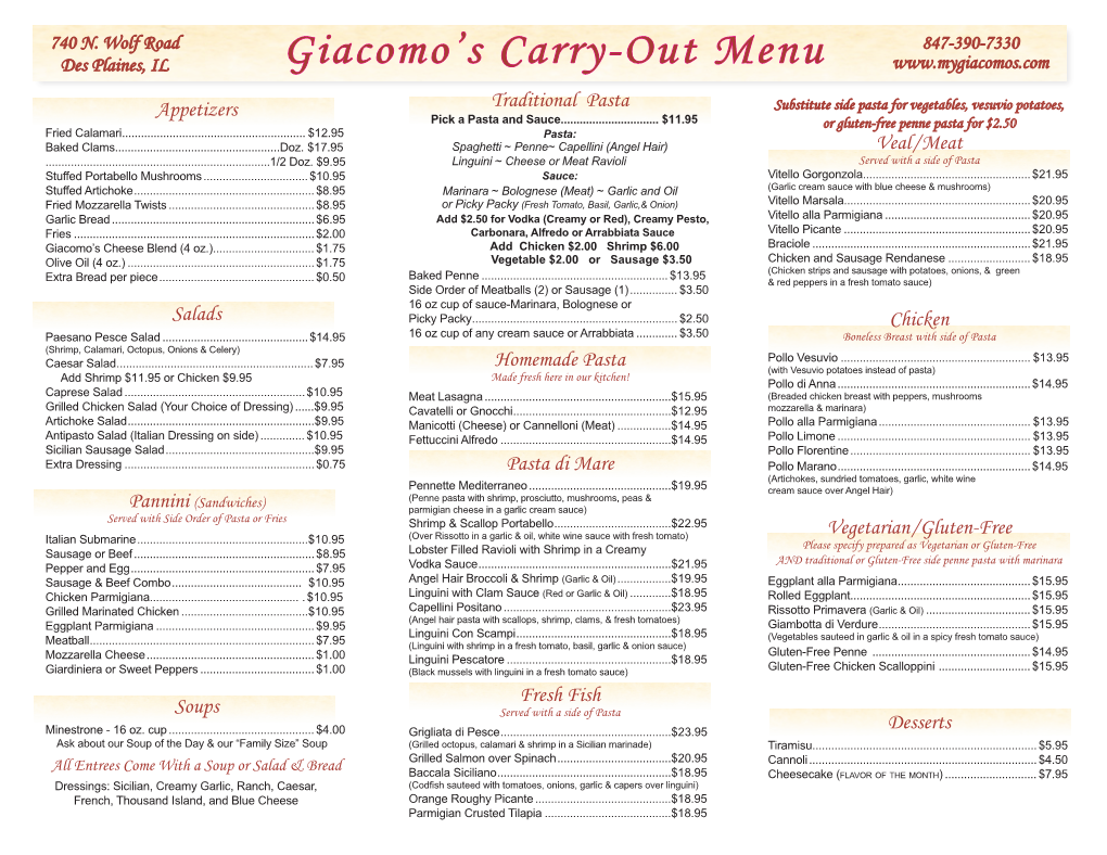 Giacomo's Carry-Out Menu