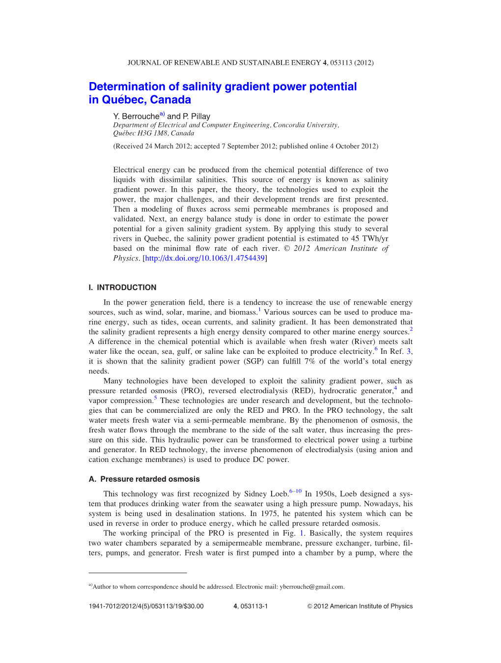 Determination of Salinity Gradient Power Potential in Quйbec, Canada