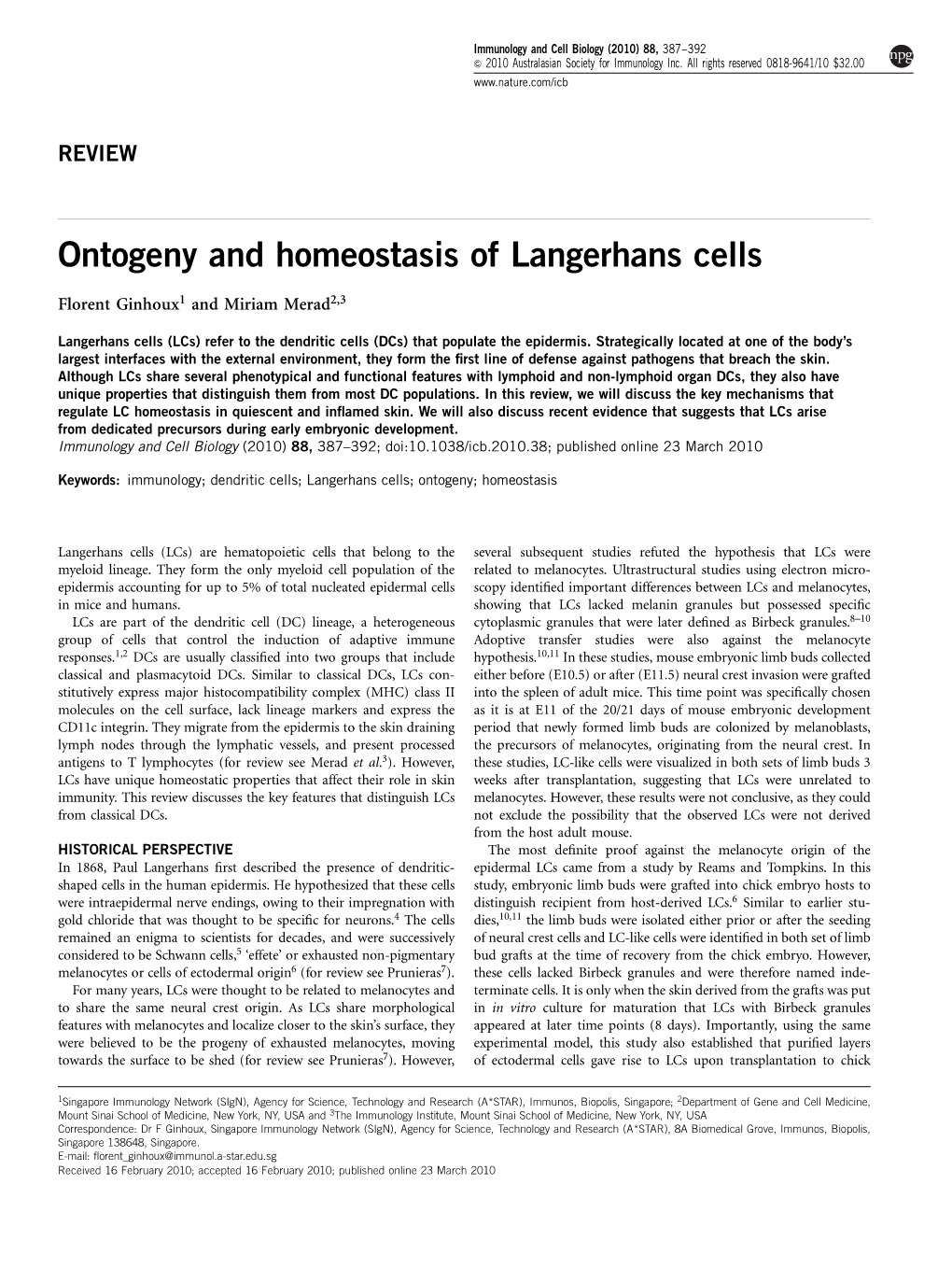 Ontogeny and Homeostasis of Langerhans Cells