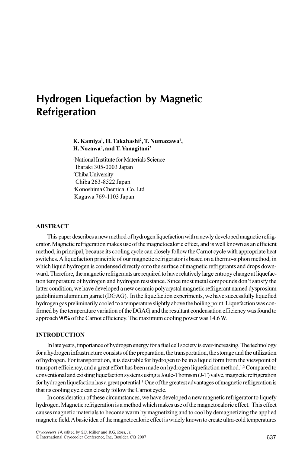 Hydrogen Liquefaction by Magnetic Refrigeration