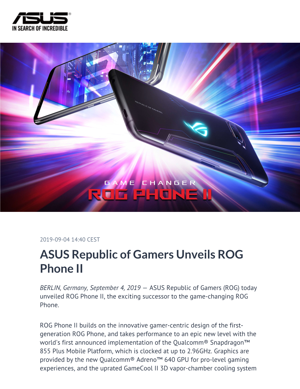 ASUS Republic of Gamers Unveils ROG Phone II