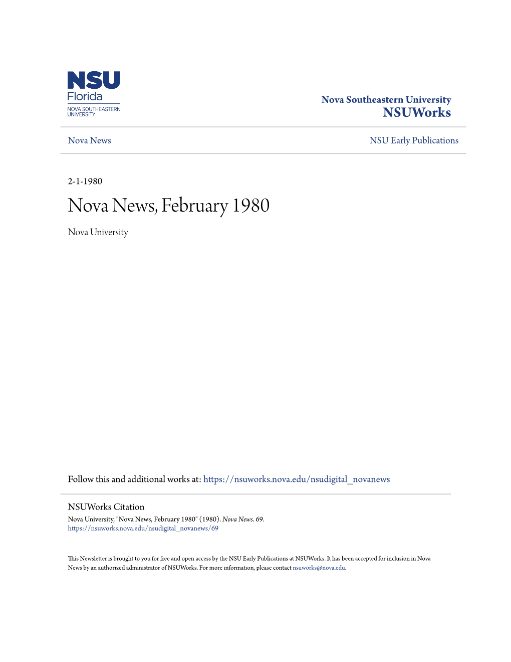 Nova News, February 1980 Nova University