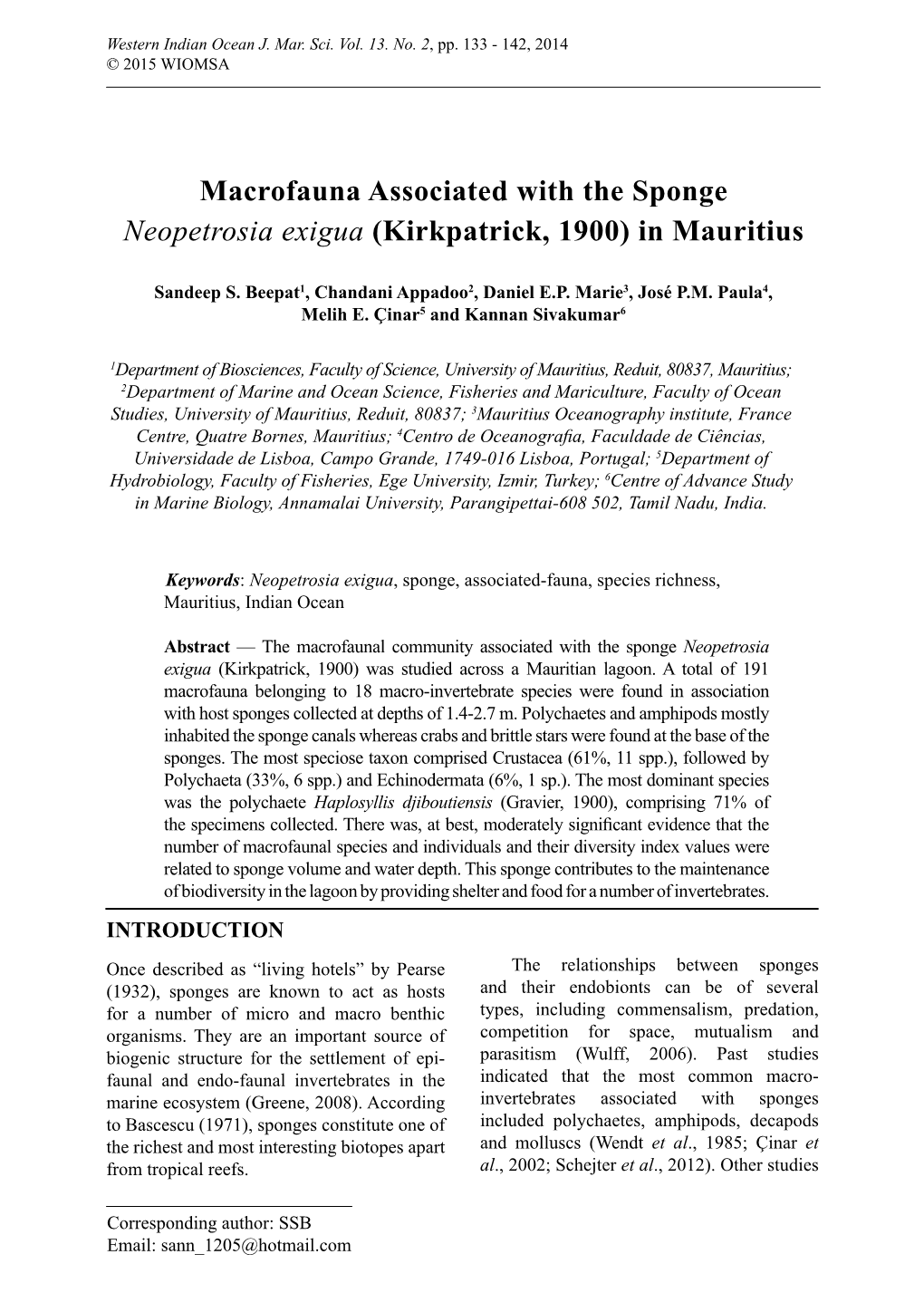 Macrofauna Associated with the Sponge Neopetrosia Exigua (Kirkpatrick, 1900) in Mauritius