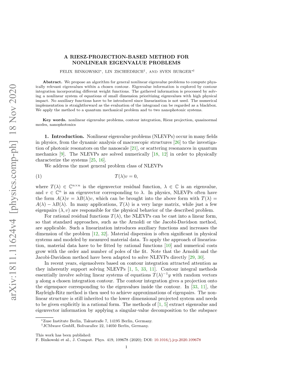 A Riesz-Projection-Based Method for Nonlinear Eigenvalue Problems