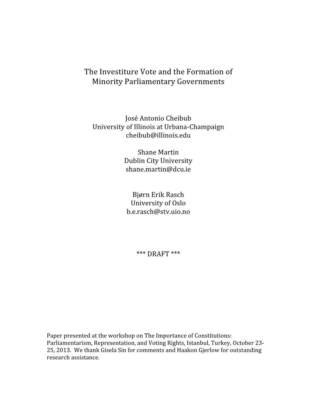 The Investiture Vote and the Formation of Minority Parliamentary Governments