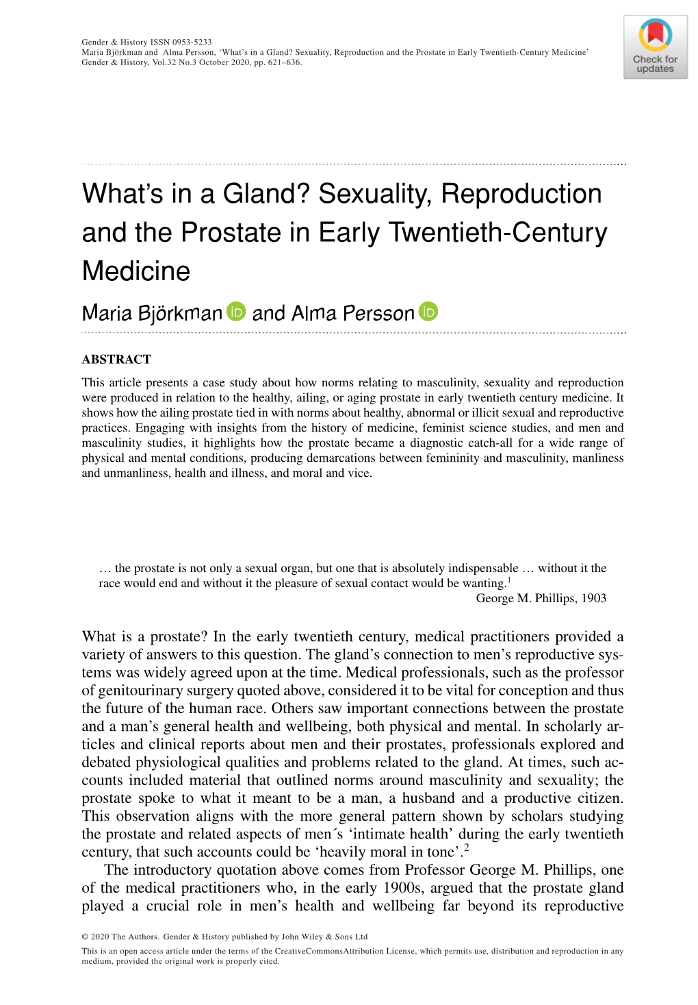 Sexuality, Reproduction and the Prostate in Early Twentieth‐Century