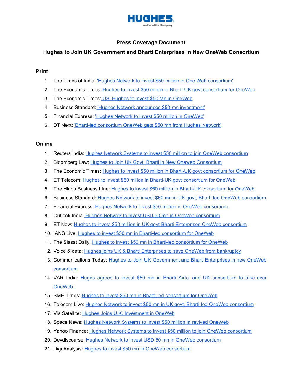 Press Coverage Document Hughes to Join UK Government and Bharti Enterprises in New Oneweb Consortium