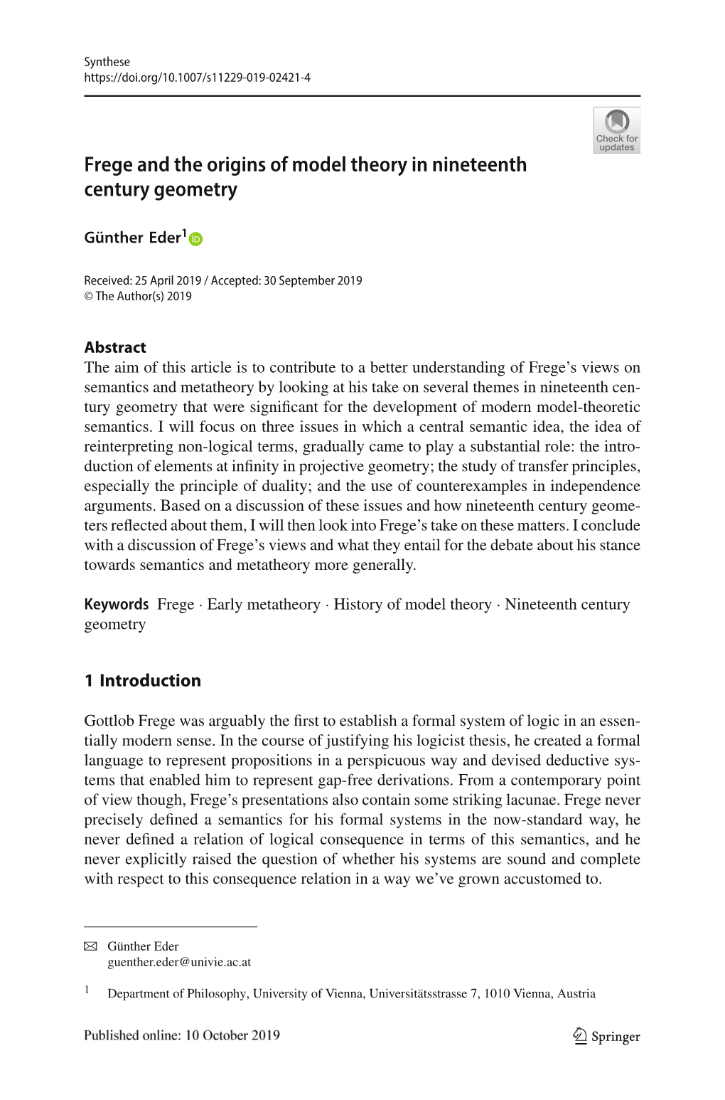 Frege and the Origins of Model Theory in Nineteenth Century Geometry