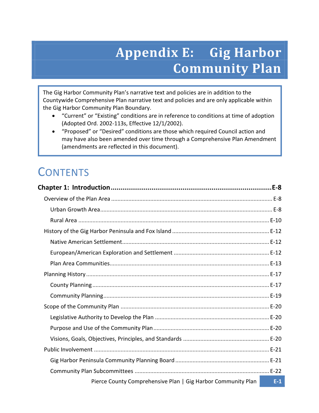 Pierce County Comprehensive Plan | Gig Harbor Community Plan E-1