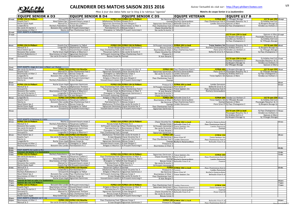 Calendrier Des Matchs Saison 2015 2016