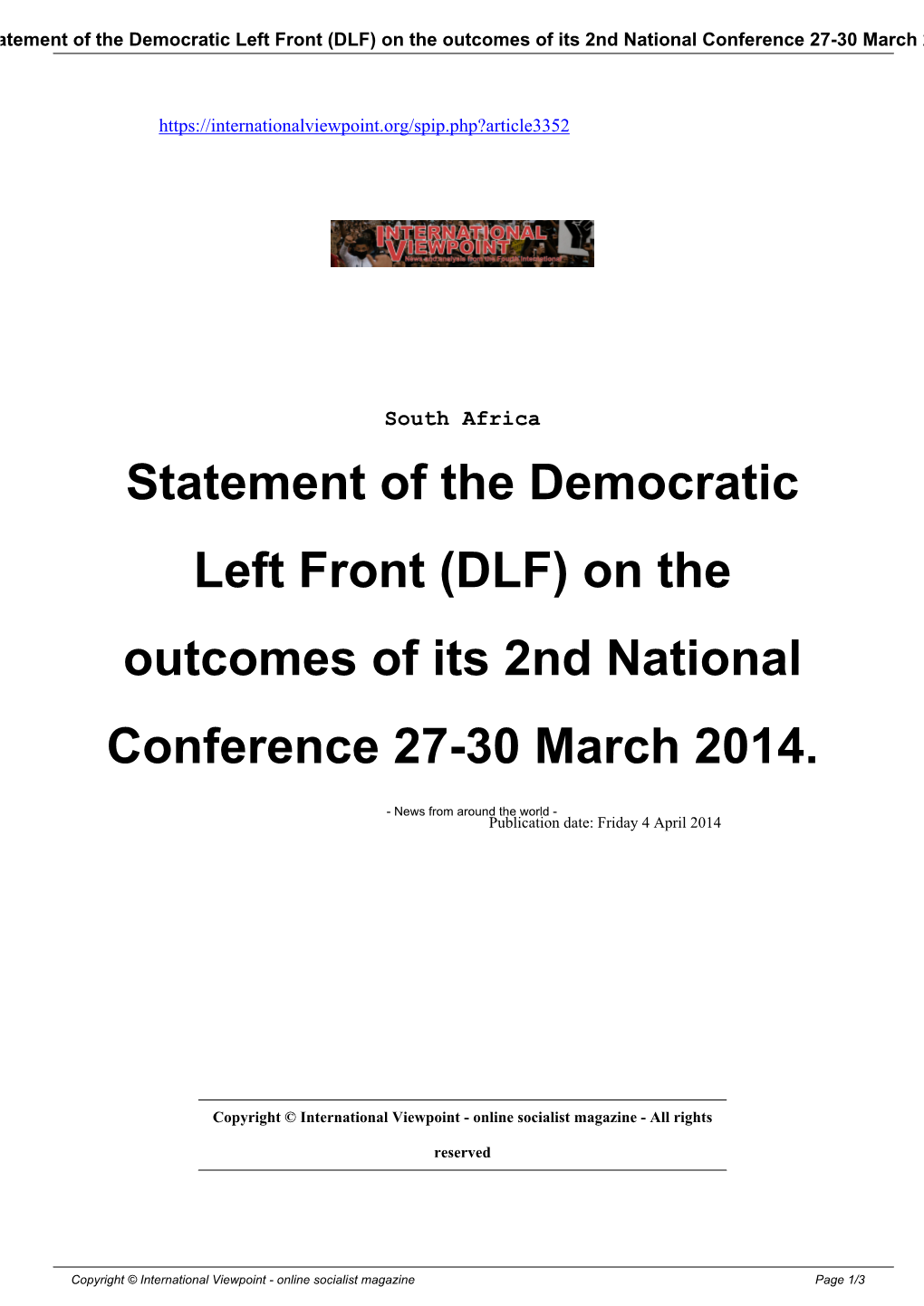 Statement of the Democratic Left Front (DLF) on the Outcomes of Its 2Nd National Conference 27-30 March 2014