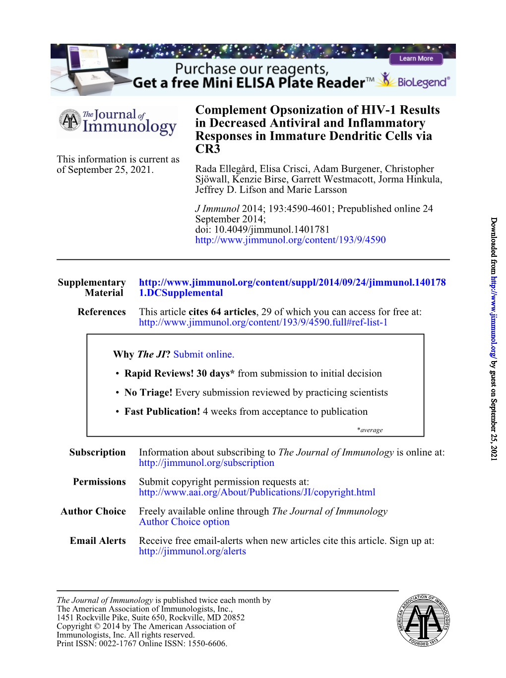 CR3 Responses in Immature Dendritic Cells Via in Decreased Antiviral