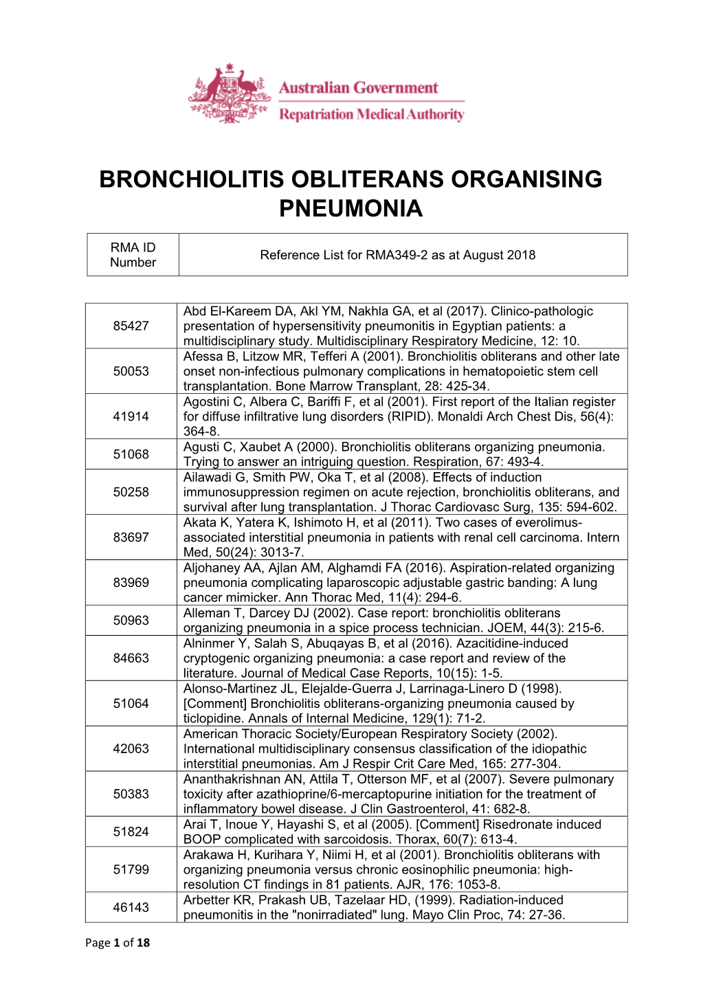 Reference List Concering Bronchiolitis Obliterans Organising Pneumonia