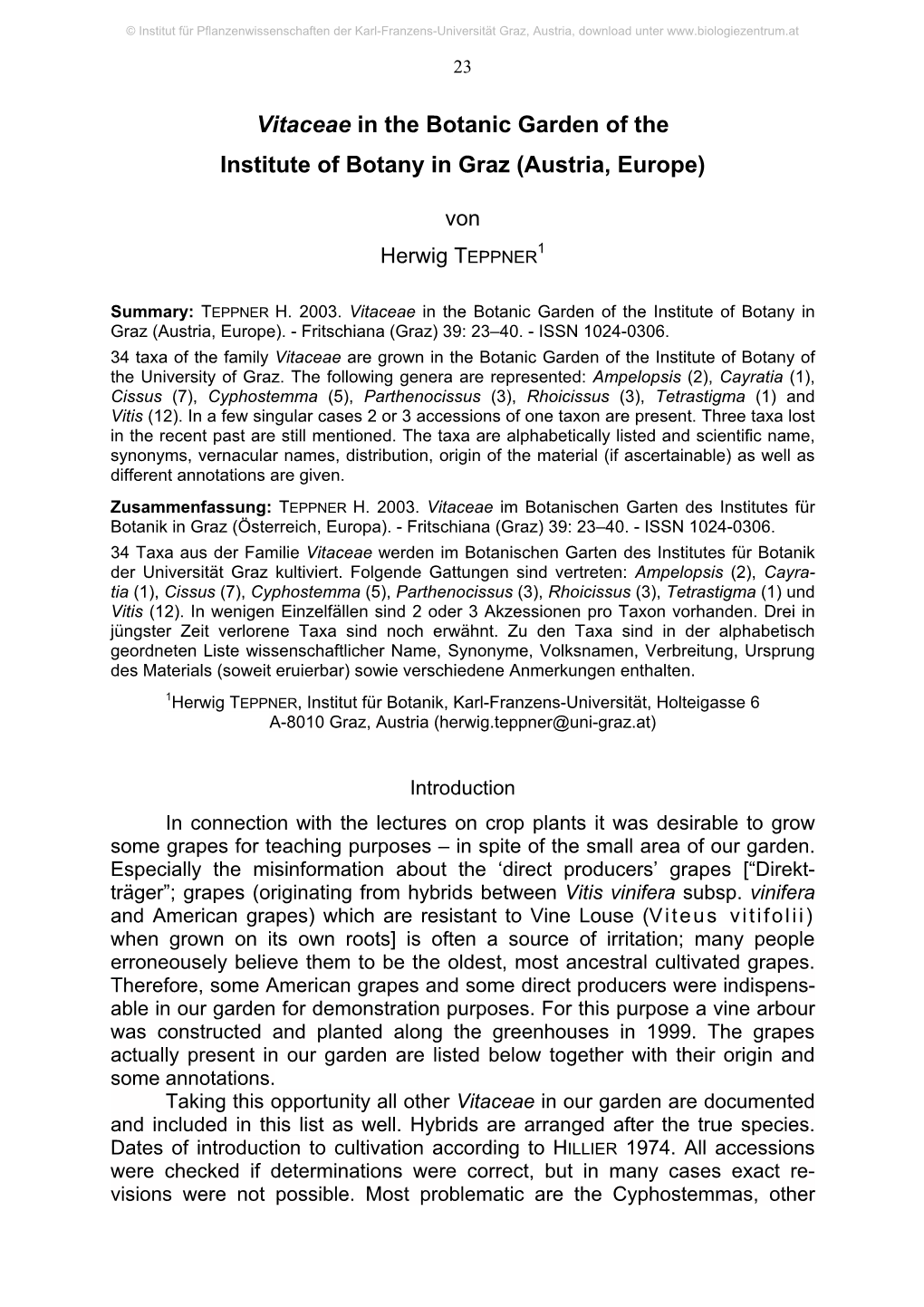 Botanic Garden of the Institute of Botany, University of Graz, Austria Living Plant Collection Data Sheet