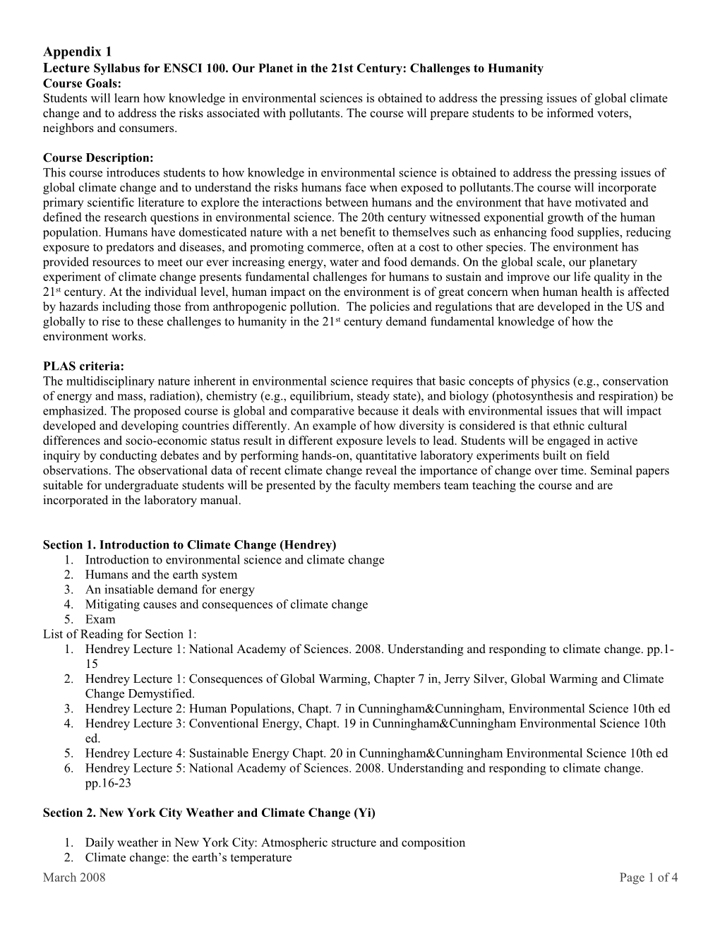 Lecture Syllabus for ENSCI 100. Our Planet in the 21St Century: Challenges to Humanity