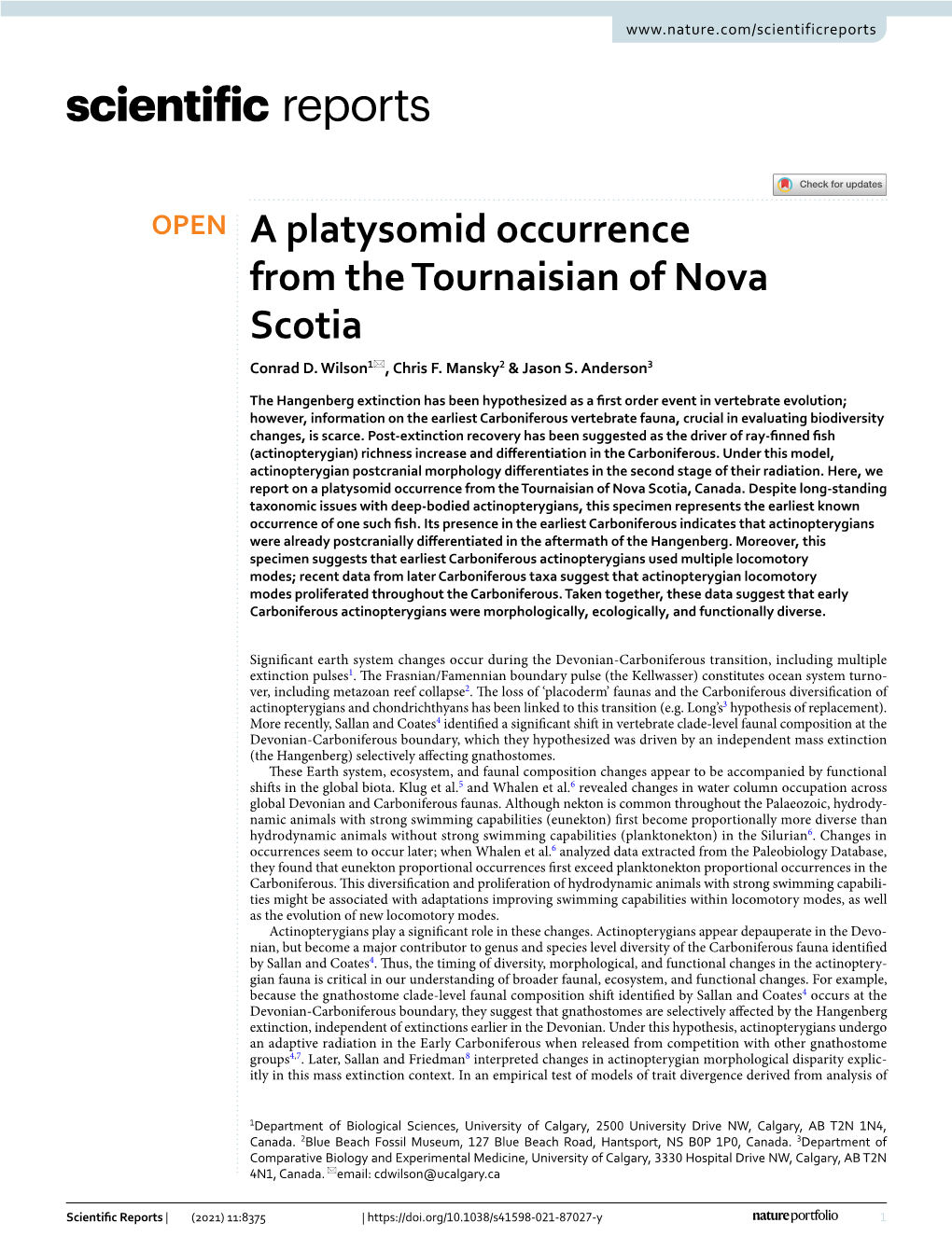 A Platysomid Occurrence from the Tournaisian of Nova Scotia Conrad D