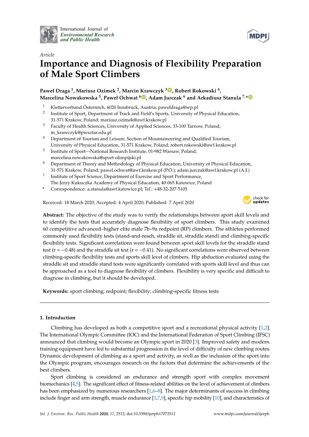 Importance and Diagnosis of Flexibility Preparation of Male Sport Climbers